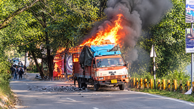 नैनीताल के ज्योलीकोट में राशन और पटाखों से भरे ट्रक में लगी आग, धमाकों से मची दहशत